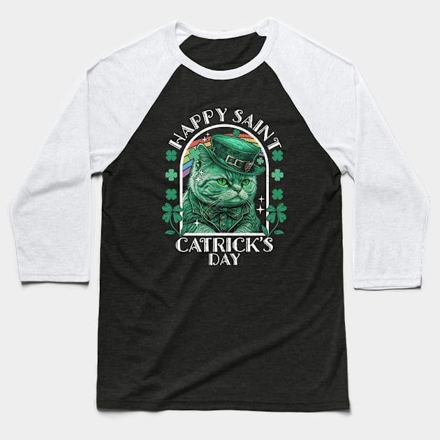 Happy Saint Catrick's Day Cat Leprechaunn Baseball T-Shirt by Wasabi Snake